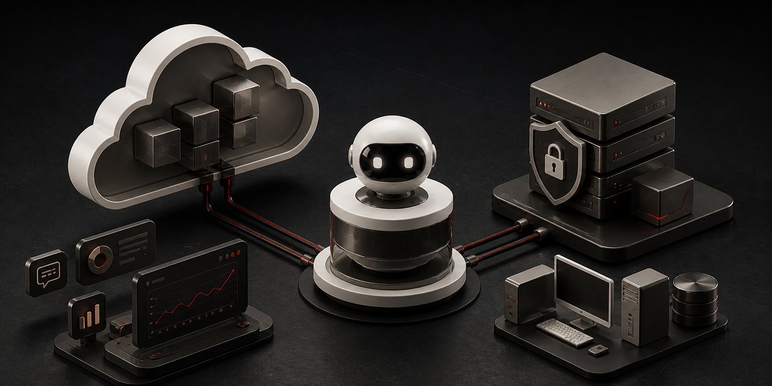3D-render av en AI-robot koblet til en sky, en b&aelig;rbar PC og et sikret hvelv