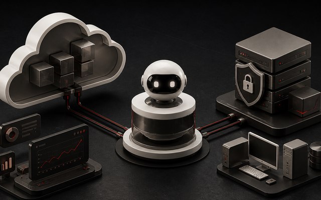 3D-render av en AI-robot koblet til en sky, en b&aelig;rbar PC og et sikret hvelv