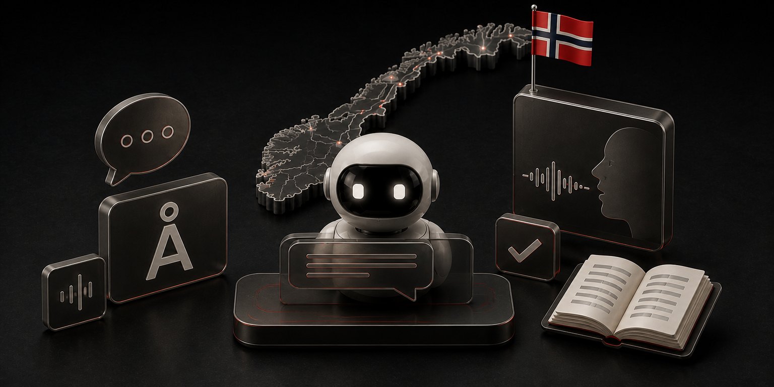 3D-render av en AI-robot med snakkebobler, norsk flagg og en oppsl&aring;tt bok