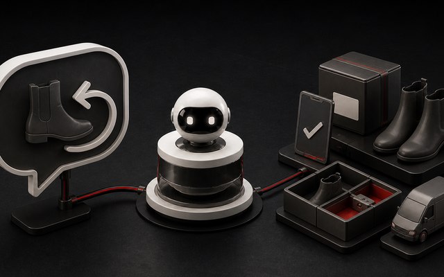 3D-render av en AI-robot som h&aring;ndterer en retur, med en st&oslash;vel, en pakke og en lagerhylle