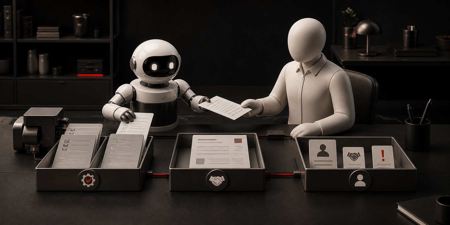 3D-render av en AI-robot som rekker et dokument til en person over et skrivebord med sorterte skuffer
