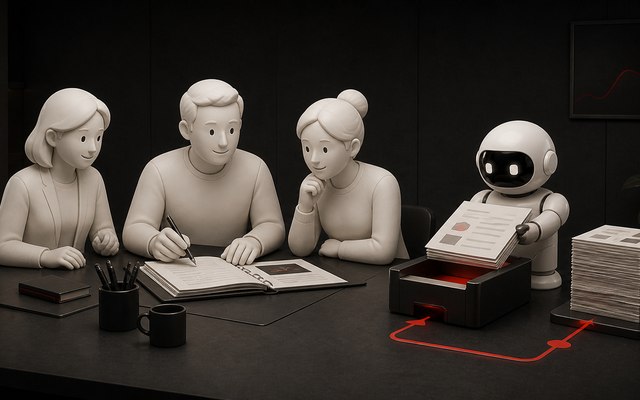 3D-render av et team rundt et bord mens en AI-robot tar papirarbeidet