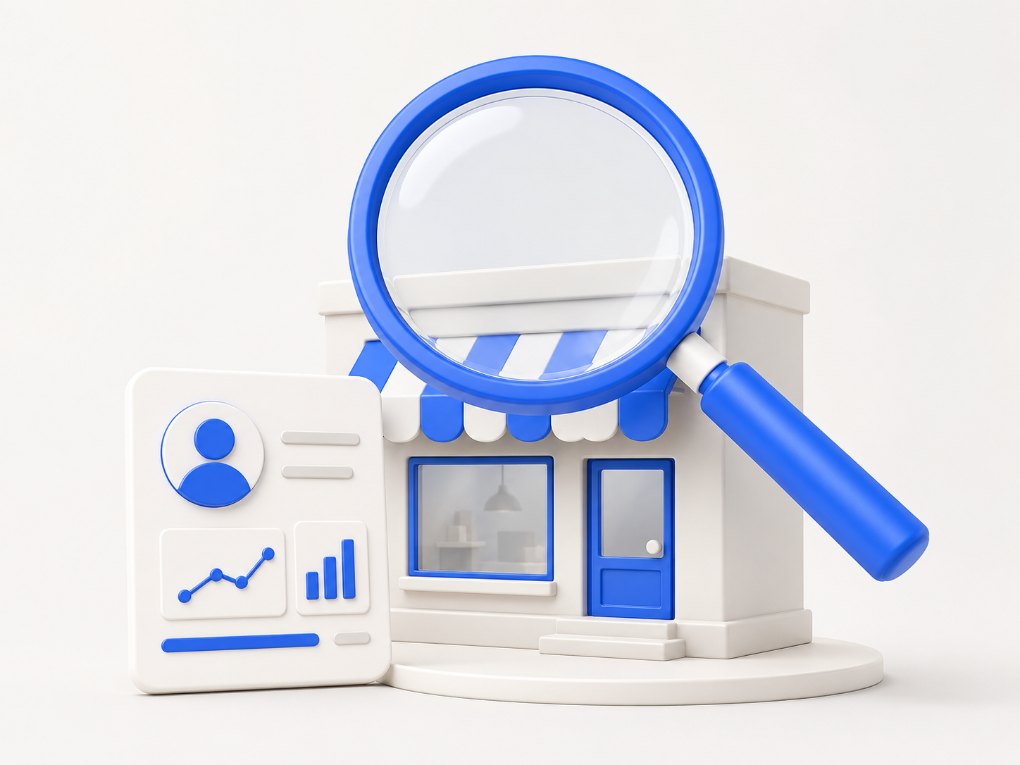 Magnifying glass over a storefront, representing a free business audit